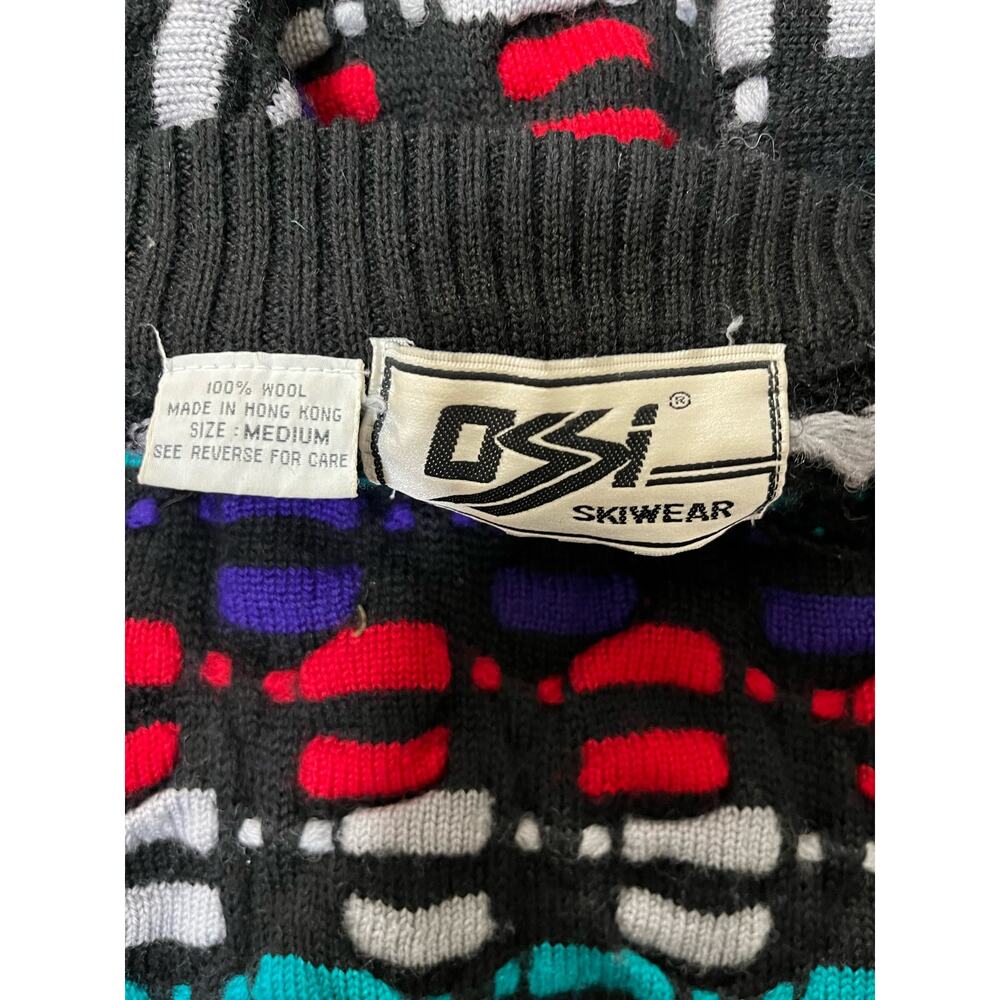 vintage OSSI skiwear puffy multi block crew neck pullover wool lodge sweater M - Picture 4 of 4